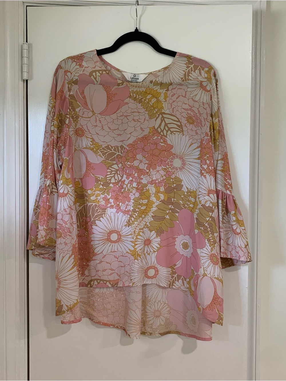 LaRoque Mod Floral Silk Blend Bell Sleeve Tunic Top One Size Pastel Feminine‎